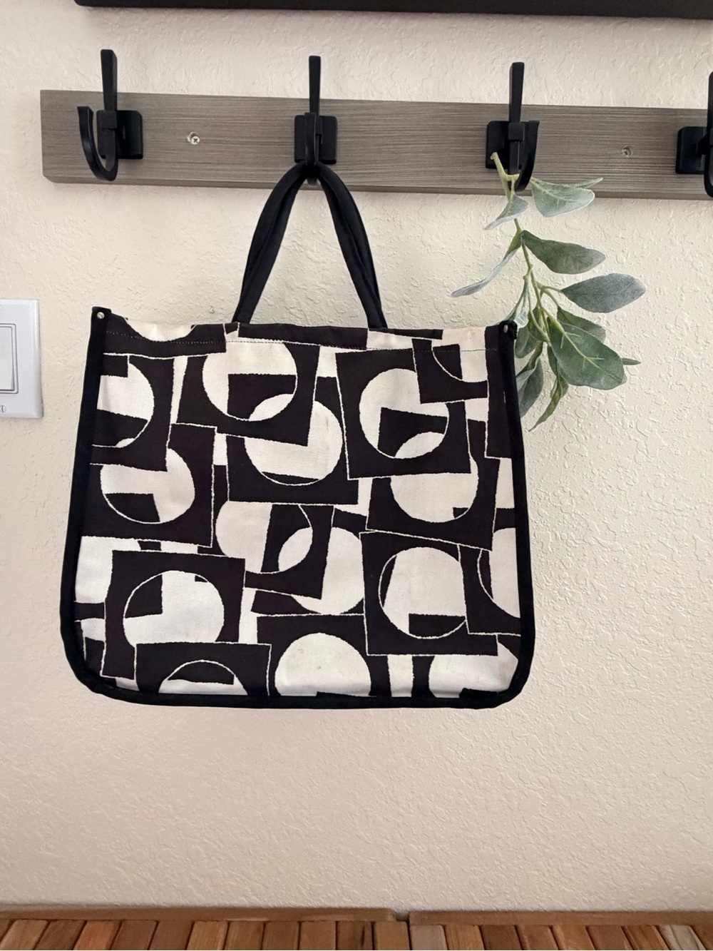 Vintage Mid Century Canvas Tote Black Cream Geometric Mod Bag by 
Paul B. Stone